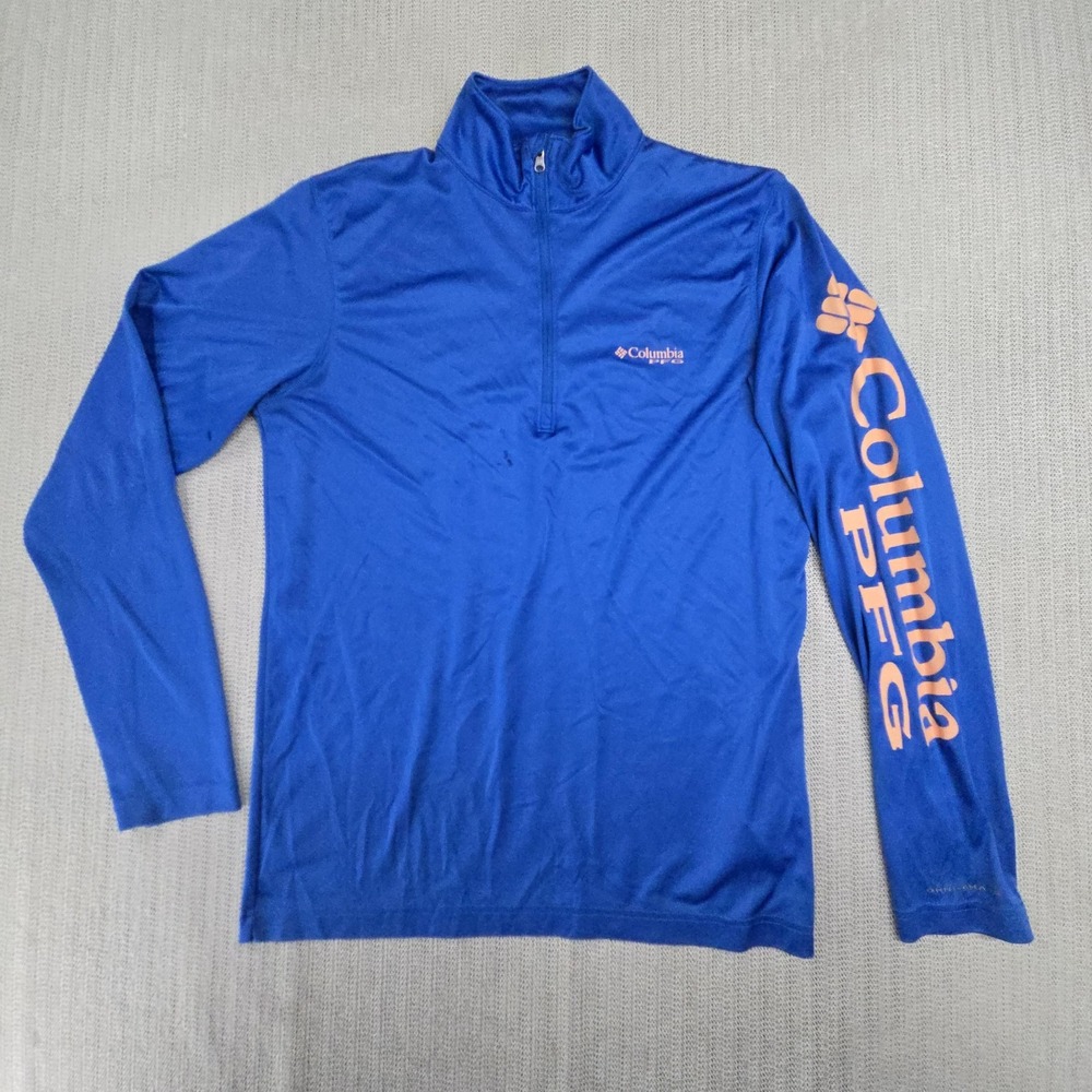 Columbia PFG Shirt Mens Small Blue 1/4 Zip Mock Neck Long Sleeve Fishing Top